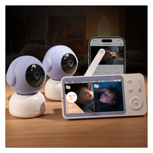 BOIFUN 2K Baby Monitor with 2 Cameras, 5” Split-Screen Display, App & Wireless Control, Motion & Cry Alerts, Auto Tracking, 2-Way Audio, Temperature & Humidity Sensor, Smart Monitor for Twins
