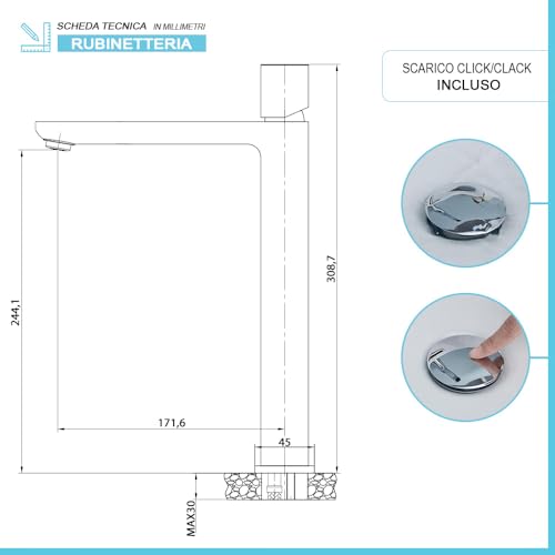 Set Di Rubinetti Lavabo Alto E Bidet In Ottone Cromato Con Manopola Senza Leva E Piletta Universale Click Clack In Acciaio, Lotus - 2