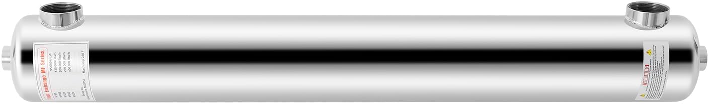 Tube Shell Heat Exchanger, 400KBTU Swimming Pool Heat Exchanger, 1"+2" FPT Stainless Steel Swimming Pool Heat Exchanger for Swimming Pools, Hot Tubs, Solar, Hot Water Flow Rate 30Gal/min