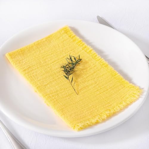 Image of Cloth Napkins with Fringe 6 Pack 17 inchx17 inch Boho Cotton Linen Napkins Yellow | Washable Dinner Napkins Rustic Fringed Gauze Napkins Cloth for Wedding Party Bridal Baby Shower Birthday Decor