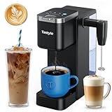 Tastyle Single Serve Coffee Maker with Built-in Detachable Milk Frother, Iced and Hot Coffee Machine for K Cup & Grounds, 40oz Removable Water Reservoir, Fits 7.3" Travel Mug, Black