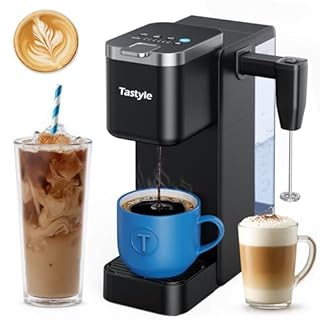 Tastyle Single Serve Coffee Maker with Built-in Detachable Milk Frother, Iced and Hot Coffee Machine for K Cup & Grounds, 40oz Removable Water Reservoir, Fits 7.3" Travel Mug, Black