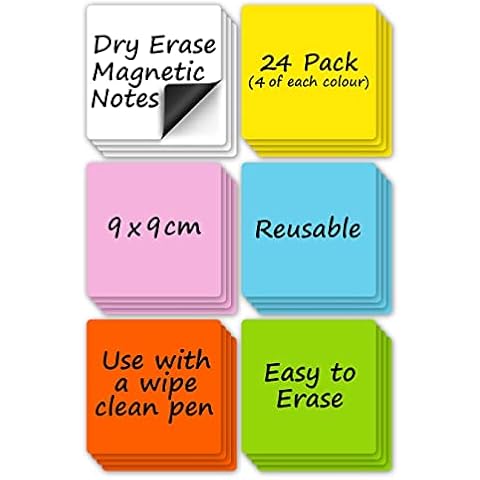 24 Pack - 9x9cm Magnetic Planning Labels in 6 colours for use on Wipe Clean Boards, Fridges etc. Dry Erase Whiteboard Magnetic Tiles for Office, Classroom or Home - Easy to Clean & Reuse Cover