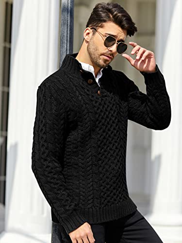 Bbalizko Mens Stand Collar Pullover Sweater Cable Knitted Chunky Winter Fashion Buttons Twisted Thermal Sweaters Black #TOP2