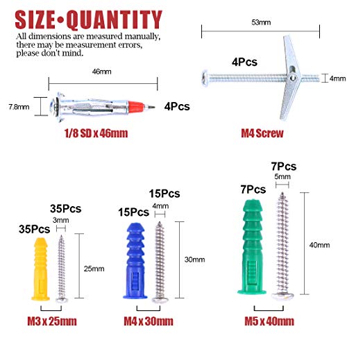 image for Hilitchi 122 Piece Plastic Self Drilling Drywall Hollow-Wall Anchor Mo