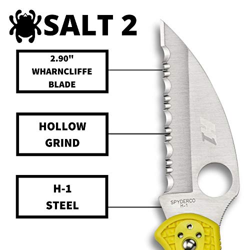 Spyderco Salt 2 Wharncliffe Knife With 2.9" H-1 Ultra-Corrosion Resistant Steel Blade And Lightweight Yellow Frn Handle - Spyderedge - C88Swcyl2 #TOP2