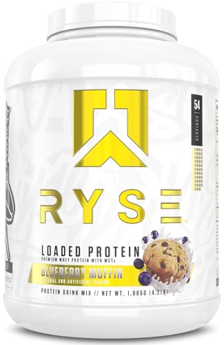 RYSE Loaded Protein Powder - Blueberry Muffin - 25g Whey Protein Isolate & Concentrate with Prebiotic Fiber & MCTs - Low Carb Low Sugar Digestive-Friendly - 54 Servings / 4 lb Tub