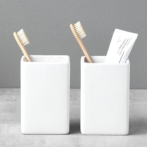 Toothbrush Holders for Bathrooms – 2 Cups Ceramic Square Toothbrush Toothpaste Holders Set, White Square Bathroom Tumbler Cups Reusable Toothbrush Mouthwash Cup, Bathroom Counter Organizer.