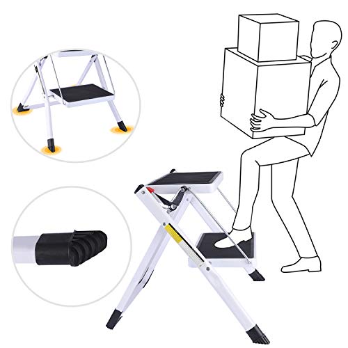 CAMPMOON Small Step Ladder for Kitchen, Sturdy Folding 2 Step Stool for Adults with Wide Anti-Slip Pedal, White