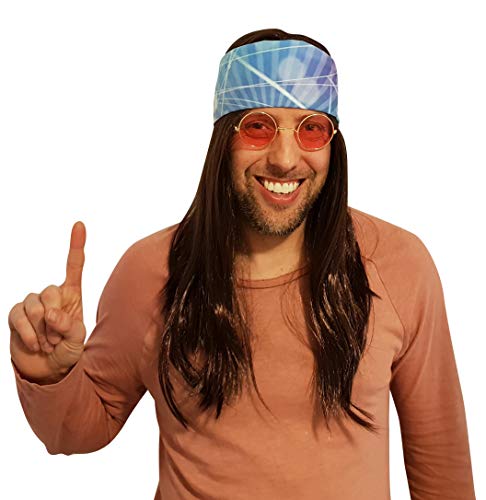 HandinHand Creations Hippie Wig Costume with Multi Color Bandana 60s 70s Hippy Woodstock Tye Die Festival Stoner Gear Brown Wig