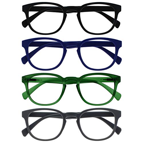 OPULIZE Okulary do czytania Pop 4-pak zabawne okrągłe matowe oprawki czarny niebieski mech zielony szary zawiasy sprężynowe odporne na zarysowania męskie damskie RRRR2-1367 +2,00