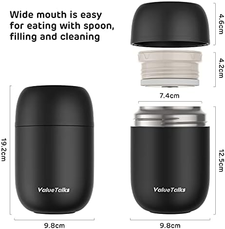 ValueTalks Hot Food Flask Insulated 450ml Stainless Steel Soup Food Container with Folding Spoon Black