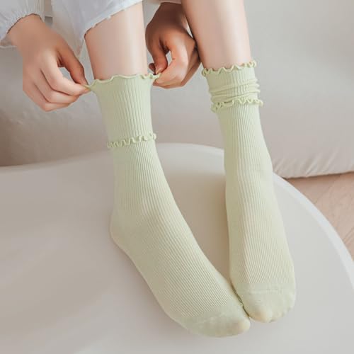 Image of zrylibya Women Cute Ruffle Frilly Socks Solid Candy Color Casual Rib Knit Crew Socks 4 Pairs (Black,White,Purple,Green)