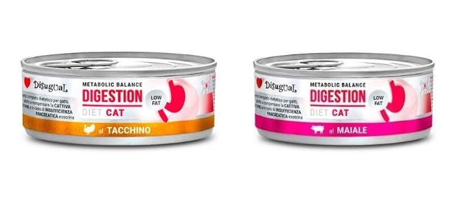 Disugual Dieta gato digestão Low Fat | Necessidades nutricionais especiais, vários sabores e misturas, (12 x 85 Gr, 6X peru 6X porco)