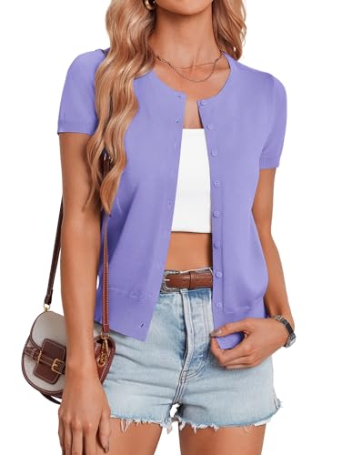 Image of GRACE KARIN Women Short Sleeve Cardigan, 2026 Summer Knitted Sweater Tops, Basic Crew Neck Crop Outfits