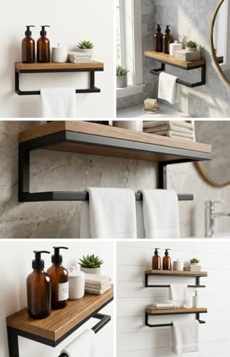 Image of Premium Wall-Mounted Floating Shelf with Integrated Towel Bar | Metal & Wood Bathroom Organizer | Multi-Purpose Storage Rack for Kitchen & Entryway | Matte Black & Natural 0ak Finish