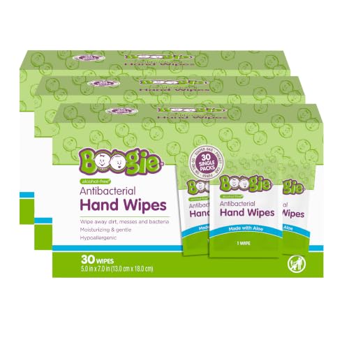 Image of Boogie Antibacterial Hand Wipes - 90 Count - Hypoallergenic & Alcohol-Free - Individually Wrapped - Travel and Diaper Bag Essential