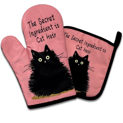 DhecvbdThe Secret Ingredient is Cat Hair, Funny Oven Mitts and Potholders (Set of 2) with Silicone Non-Slip Hanging Loop,Great for Cooking Baking Grilling,Cat Mom Kitchen Gifts,Cat Lover Gifts