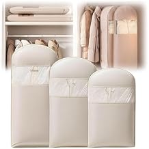 Space Saving Hanging Garment Bag with Self Compression Zipper,Space Saver Closet Organizers,Dust Cover Clothes Bags for Down Coat Beige, 3Pcs S+M+L