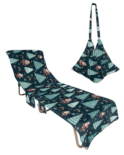 Christmas Beach Lounge Chair Towel Cover, Soft Chaise Lounge Towel with Side Pockets Patio Pool Chairs Cover for Beach/Pool Sunbathing 29x85 Green Xmas Tree Santa Winter Snowflake
