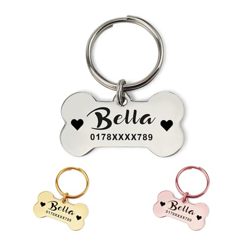 Médaille chien gravée | Plaque d'identification en forme d’os en Acier | nom, numéro de téléphone, écriture manuscrite, symboles | 30 mm, personnalisé...