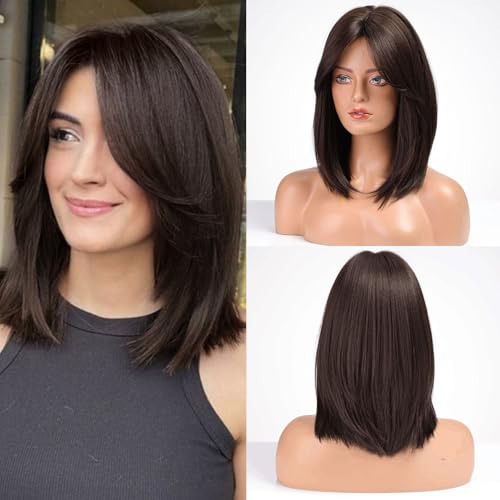 HAIRCUBE Wigi dla kobiet 40,6 cm kolor ciemnobrązowy z grzywką - syntetyczna peruka z lokami do codziennego użytku i gry rolowej