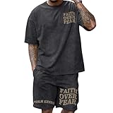 QISSYILY Men's Christian Shirt and Shorts Set Oversized Faith Over Fear T Shirt Washed Religious Bible Verse 2 Piece Outfits(Black,XL)