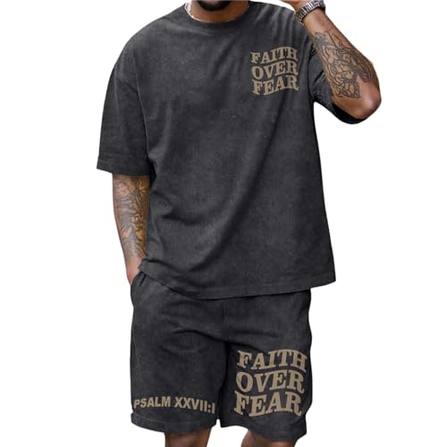 QISSYILY Men's Christian Shirt and Shorts Set Oversized Faith Over Fear T Shirt Washed Religious Bible Verse 2 Piece Outfits(Black,XL)