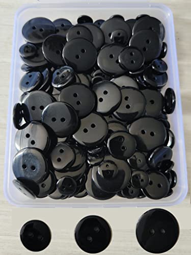 Black Button For Sewing-200 Pcs Craft Assorted Shirt Jean Coat Buttons-2 Hole Large Snap Handmade Ornament Buckle With 3 Size For Clothing Pant Hat Diy Decoration-Round Resin Manual Sewing Clasp Kit #TOP7