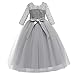 Spring Flower Girl Wedding Bridesmaid 3/4 Sleeves Kids Floral Lace Pageant Communion Princess Dress Prom Evening Dance Gown Gray 7-8 Years