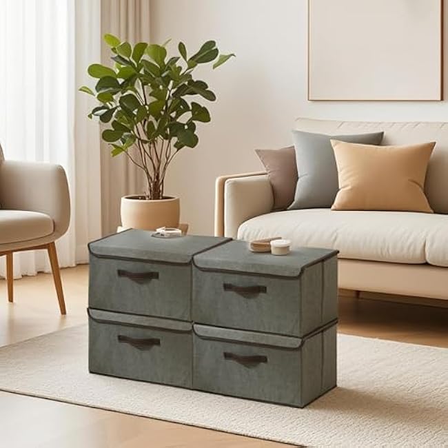 4Pack Large Storage Bins with Lid, Foldable Storage Boxes, Washable Fabric Storage Bins, Decorative Lidded Cotton Linen Fabric Home Cubes Baskets Closet Organizer Containers - Grey