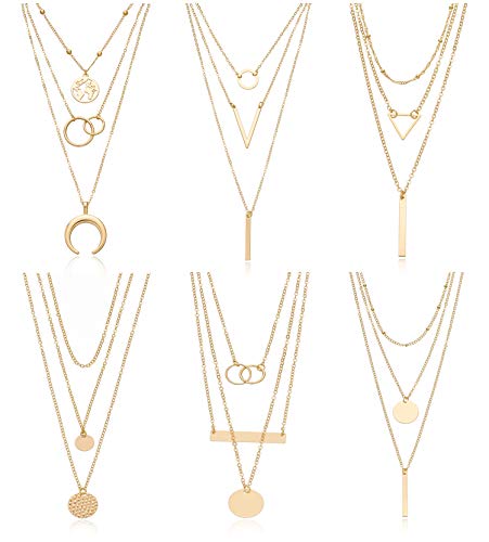 6 Pieces Layered Necklaces For Women Long Necklaces Gold Choker Necklaces Map Coin Bar Crescent Moon Necklace Layered Y Pendant Necklace Multilayer