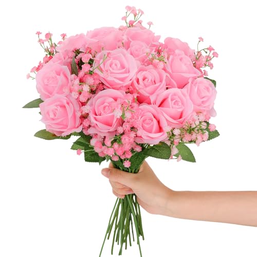 Ovveroche Pink Roses With Baby Breath