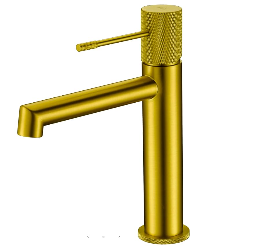 IMEX Grifo Monomando Lavabo - BDD038-1 Cuerpo de Latón, Cartucho Cerámico Ø26mm TOP, Flexos 3/8”, Serie Line (Oro Cepillado)