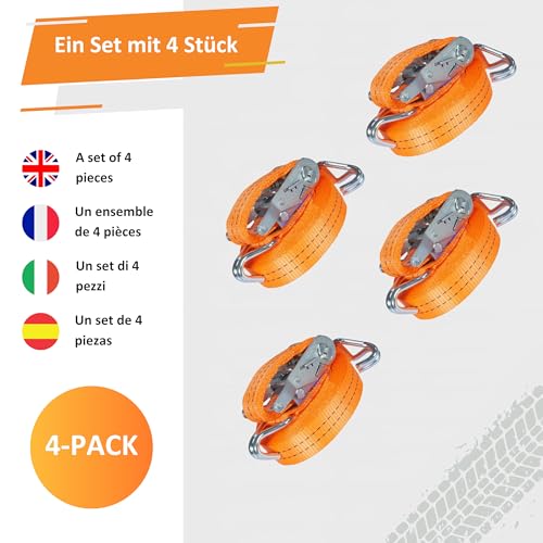 Spanngurte mit Ratsche und Haken - 4m / 6m / 8m - 2000kg 35mm - 4 Stück - Ratschen Set - Ratschengurt 2-Teilig - Zurrgurt Orange - TÜV GS Geprüft und gemäß DIN EN 12195-2 (Orange, 8m)