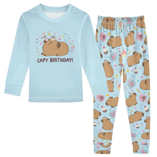 Cute Capybara Birthday Print Blue Cute Pajama Sets Long Sleeve Top and Pants, Snug Fit Sleepwear for Night Wears