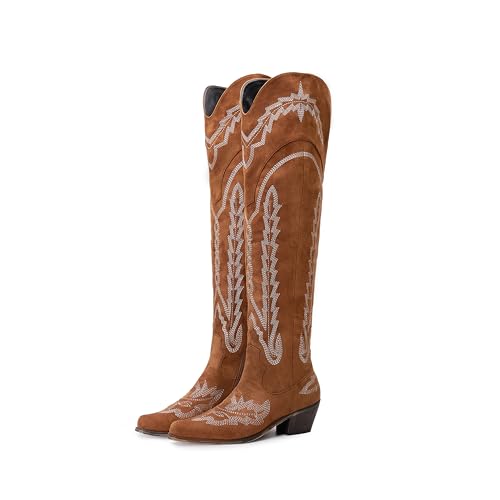 Image of olomisa Over the Knee Cowboy Boots for Women Embroidery Cowgirl Boots Chunky Heel Side Zipper Boots Thigh High Western Boots