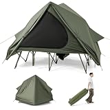 - COSTWAY Feldbett mit Zelt für 2 Personen, Campingbett mit Regenschutz, 2 Netztüren, Fenster & Rolltasche, Campingliege tragbar, 300 kg Tragkraft, 204 x 128 x 161 cm (Grün)