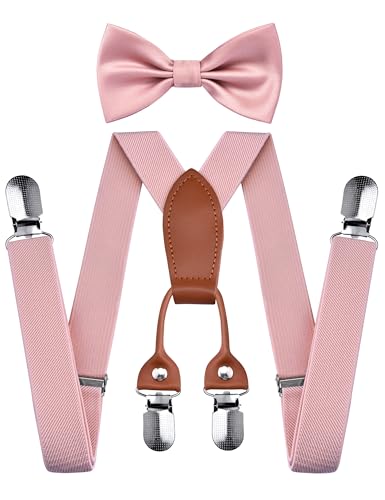 Branduce Blush Pink Baby Boy Bow tie and Suspender Set with 4 Strong Clips Adjustable Kids Y Back Suspenders (SS02-53)