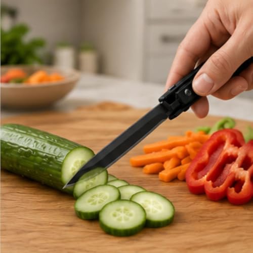 Image of TAZLYN knife foldable Stainless Steel - Manual Cutting Tool Cutting Tool for Vegetables for Kitchen & Travel Use Blade for Fruit Cutting, Kitchen Use | Survival Tool Leather Case