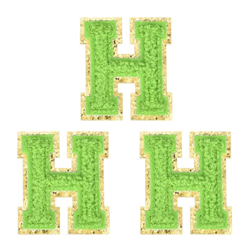 MECCANIXITY 2" Chenille Iron on Letter Patches Green Letter H 3pcs