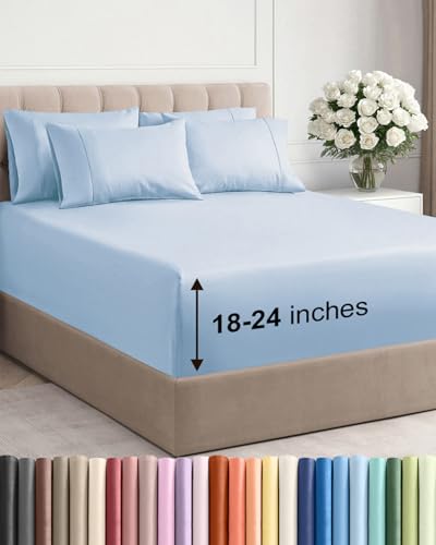 Extra Deep Cal King Sheet Set - 6 Piece Breathable and Cooling Sheets - Hotel Luxury Bed Sheets Set - Easy Fit - Soft, Wrinkle Free and Comfy Sheets Set - Sky Blue Sheet Set with Extra Deep Pockets