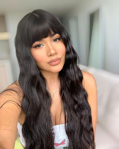 LANOVA Dark Brown Wig with Side Bangs Synthetic Wigs for Women Chocolate Brown Long Curly Wig with Bangs 22 inch LANOVA-209