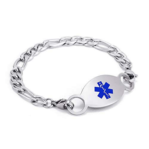 BBX JEWELRY Free Engraving First Alert Medical ID Bracelet Personalized Stainless Steel Figaro Chain Medical Alert ID Bracelets Emergency ID Bracelet for Women