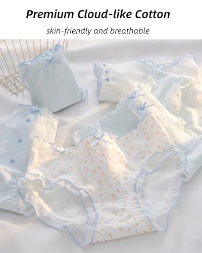 Korean Cute Frilly Panties for Teen Girls,Sweet Blue Cotton Mid Rise Underwear,Breathable Crotch All-day,5 Pack4