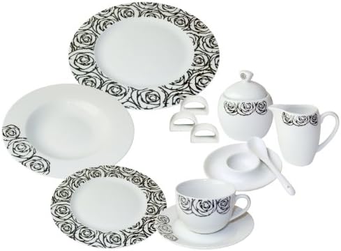 Arte Viva 50-Piece Romantico Porcelain Dinnerware Place Setting, Black, Serving for 6