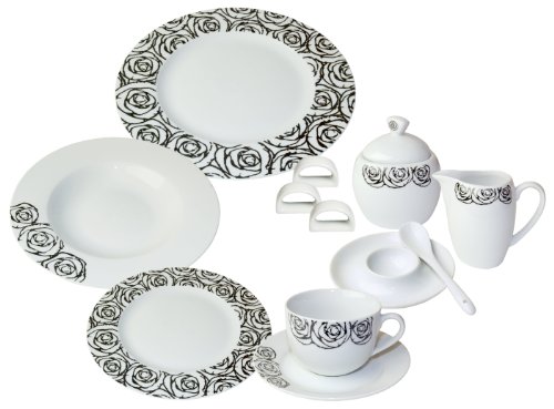 Arte Viva 50-Piece Romantico Porcelain Dinnerware Place Setting, Black, Serving for 6