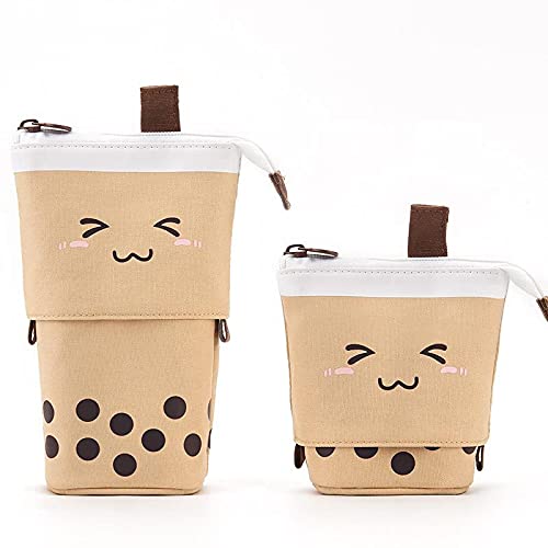 WEISHA Trousse à Crayons Télescopique en Toile Durable avec Motif de Bubble Tea Mignon pour Filles,Garçons,Etuis à Crayons Pour Garçons Filles Etudiants et Fournitures de Bureau (Brun) Cover