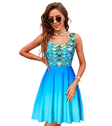 Image of uideazone Women Funny Print Sleeveless U Neck A Line Casual Midi Dress | Soft Stretchy Breathable Fabric Flared Swing Sundress Fitted Waist for Daily Wear 80 /90s Themed Party Beach Vacation Trips