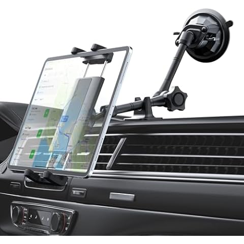 LYFICCS Metal Car Tablet Holder for Dashboard Windshield, [Aluminum Alloy Magic Arm] Vehicle Tablet Mount Suction Cup for iPad Pro 12.9/ Air/Mini, Galaxy Tab, iPhone and 4-12.9" Tablet and Phone Cover